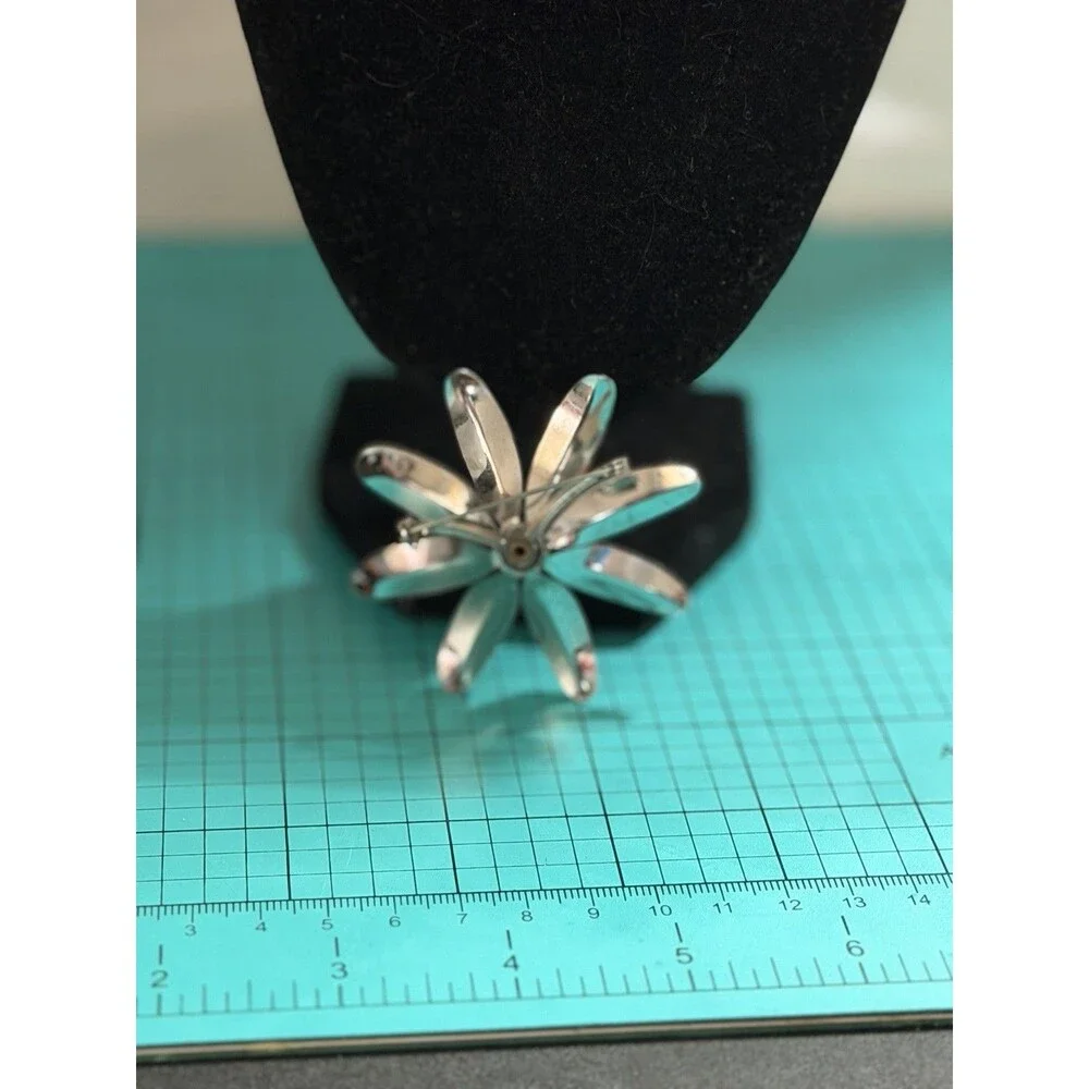 Signed CORO Flower Gray Matte Enamel Rhinestone Silver Tone Brooch